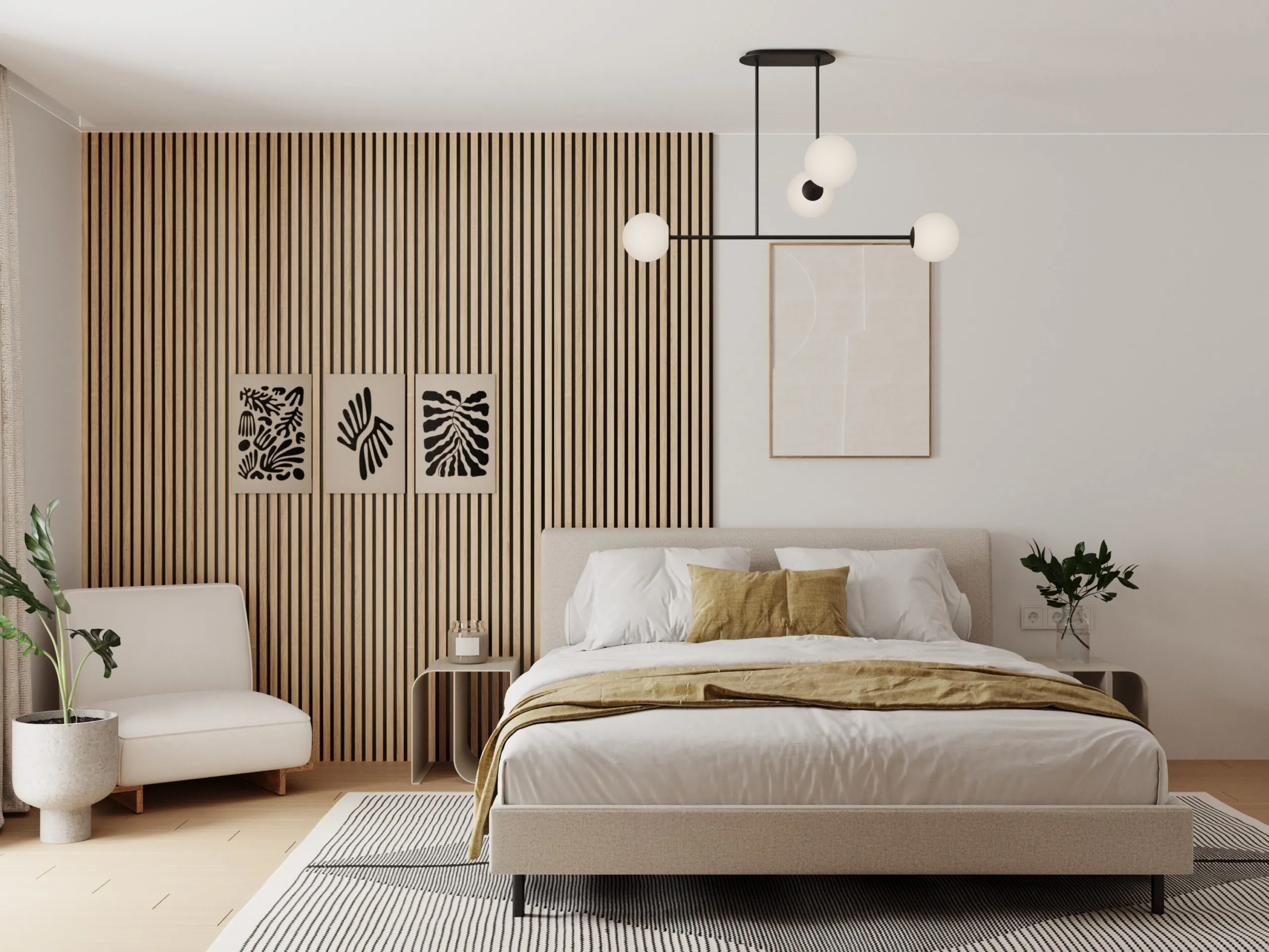 Chambre style scandinave modern, latte en bois derrier le lit