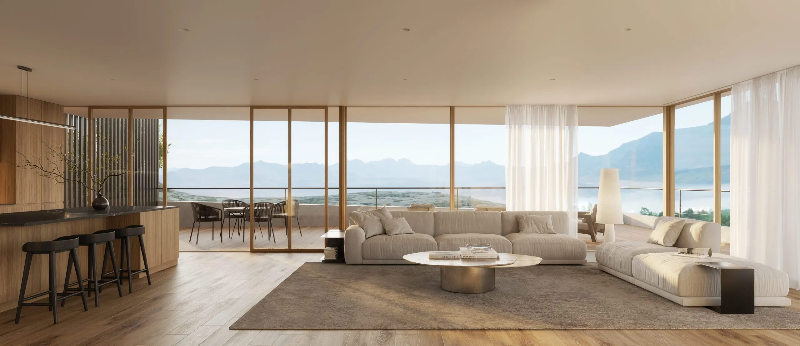 Appartement vue vitrage et terrasse en bois