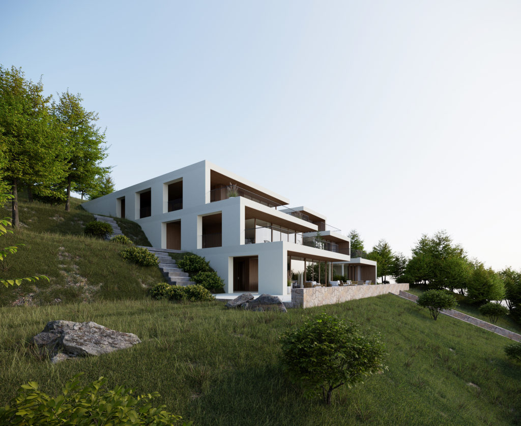 image 3d bâtiment en terrasse rendu extérieur