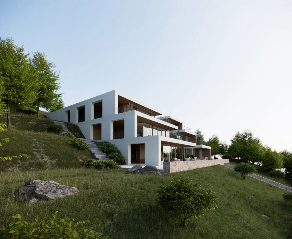 image 3d bâtiment en terrasse rendu extérieur
