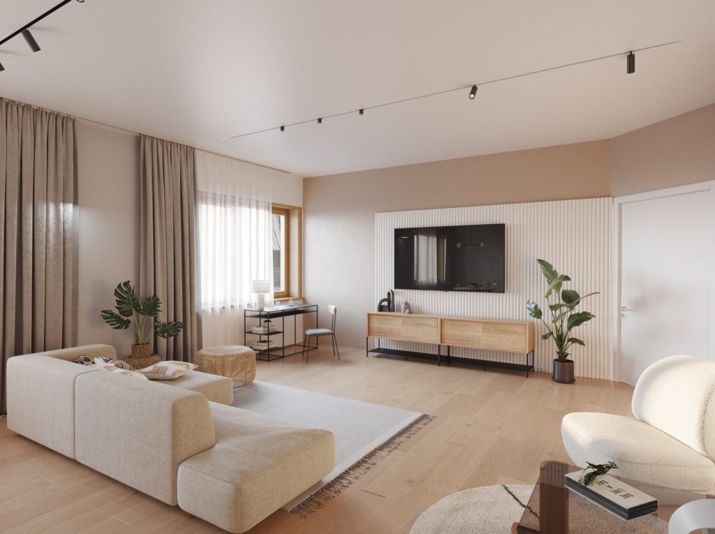 Perspective 3d immobilier appartement salon