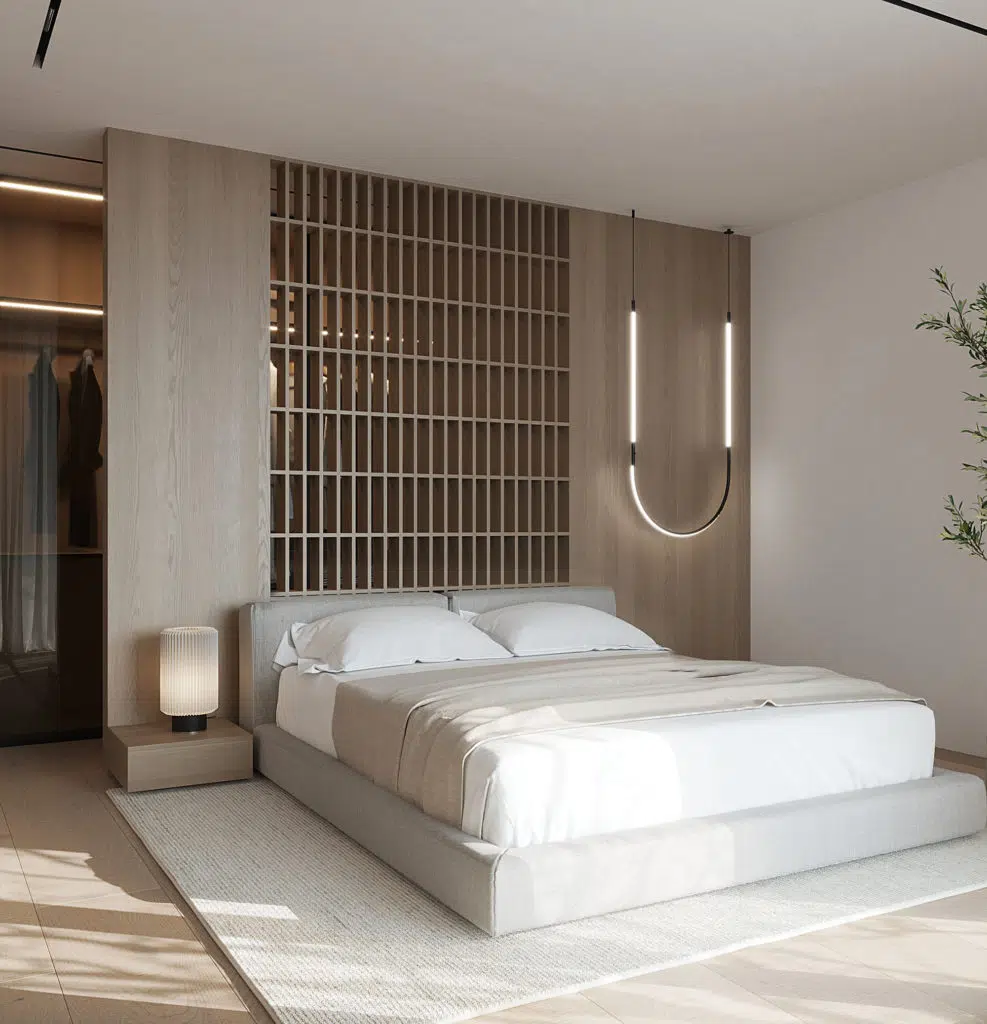 image 3d d'architecture d'intérieur vue d'une chambre parentale avec table de chevête et tête de lit en bois
