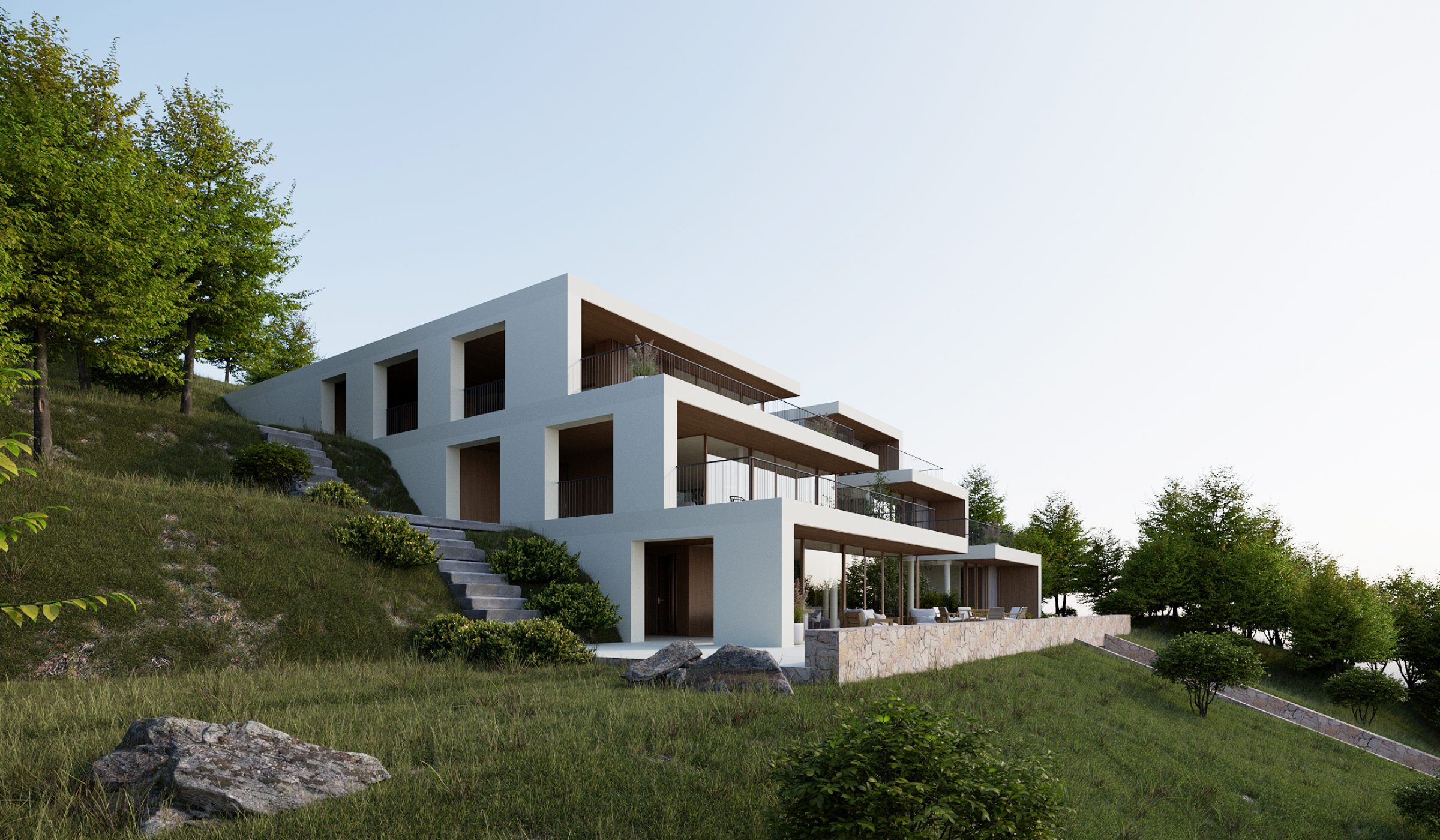 image 3d bâtiment en terrasse rendu extérieur